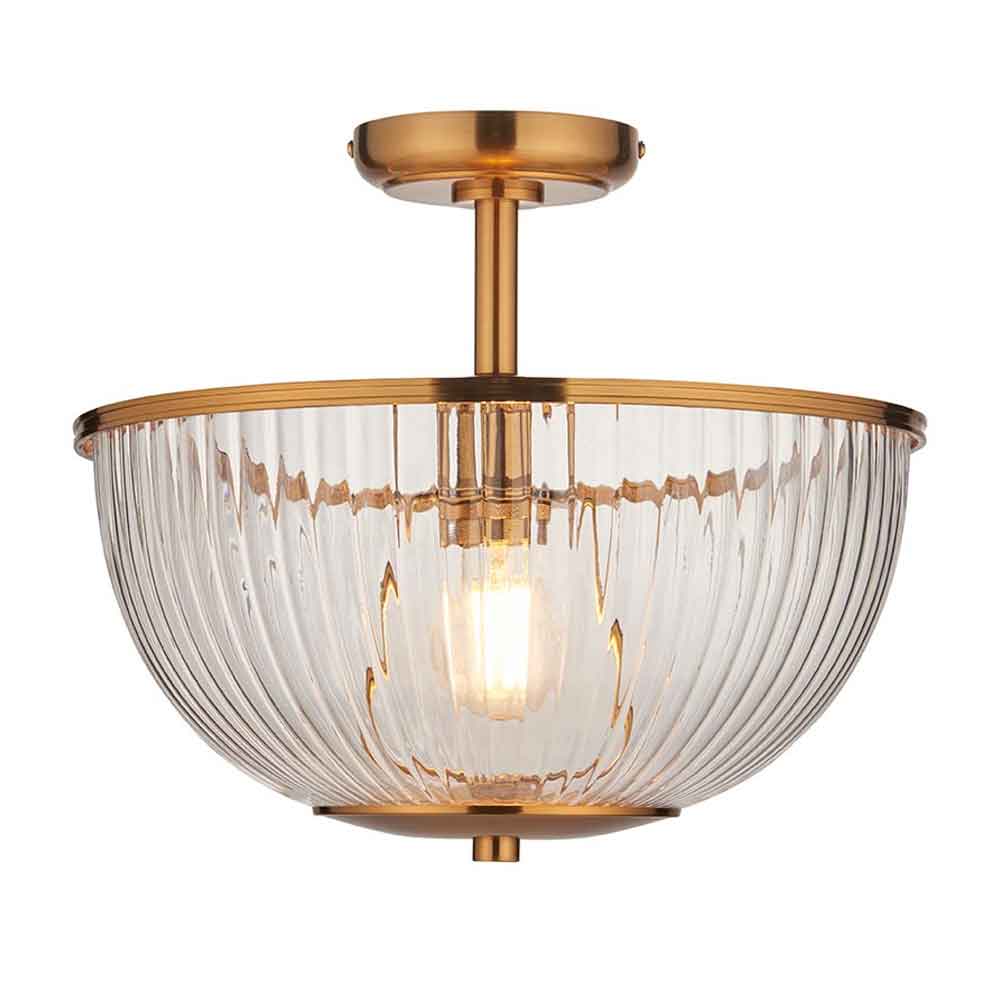 Salem Ribbed Glass Downlighter Flush Ceiling Light In Vintage Brass