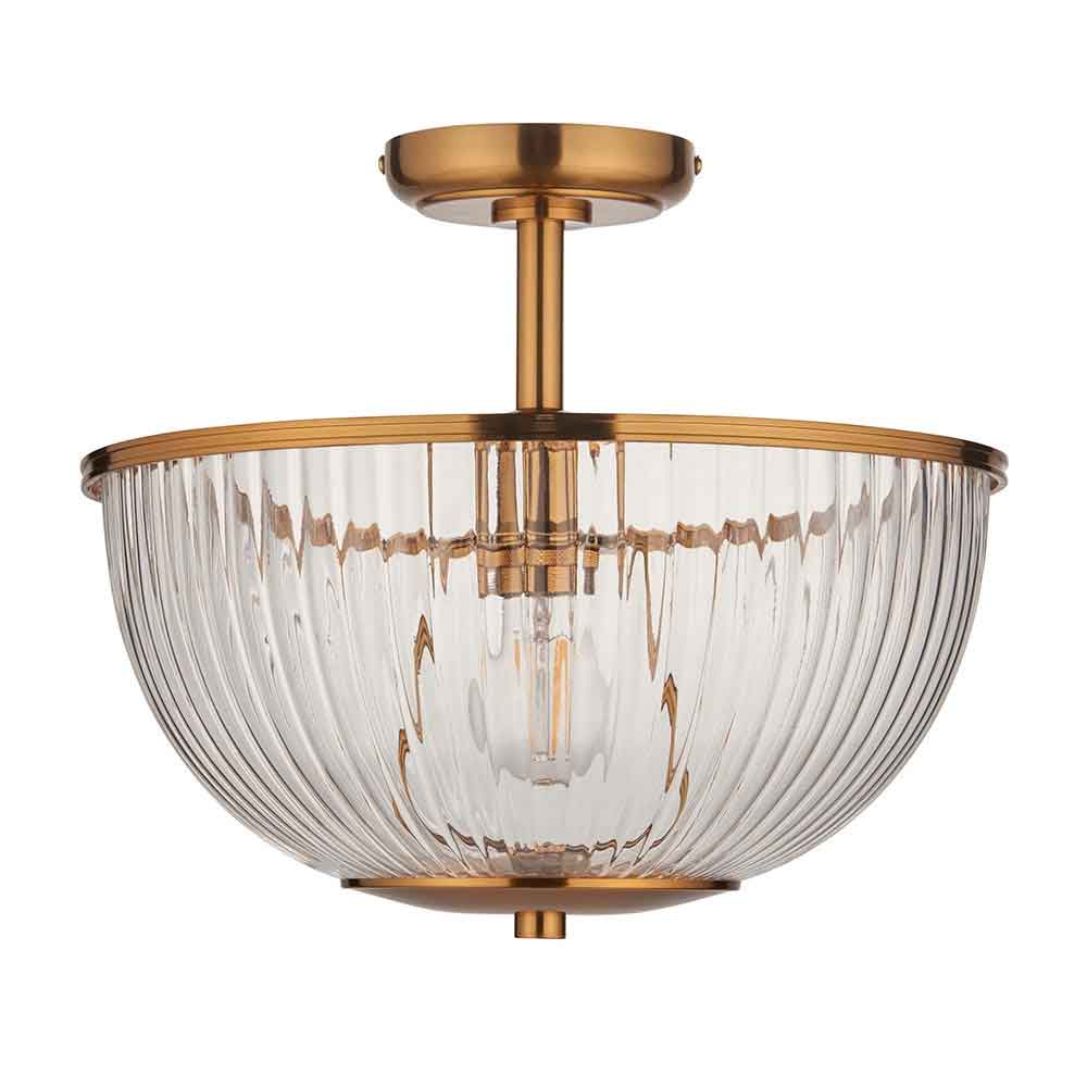 Salem Ribbed Glass Downlighter Flush Ceiling Light In Vintage Brass