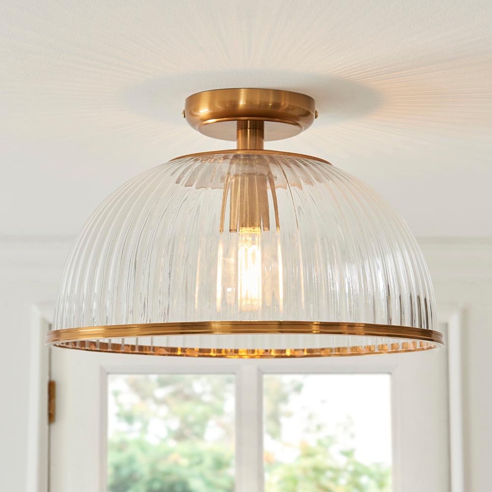 Salem Ribbed Glass Uplighter Flush Ceiling Light In Vintage Brass