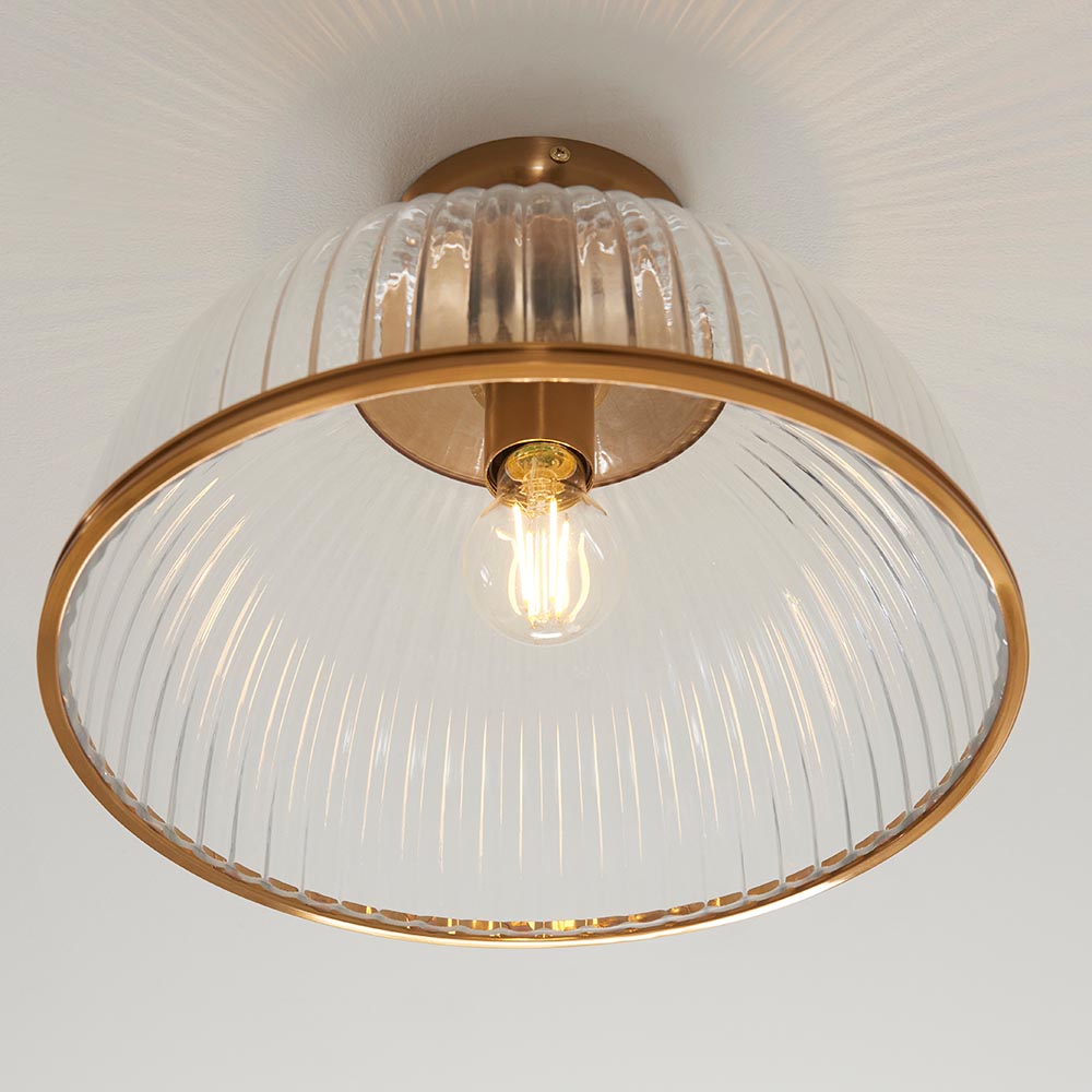 Salem Ribbed Glass Uplighter Flush Ceiling Light In Vintage Brass