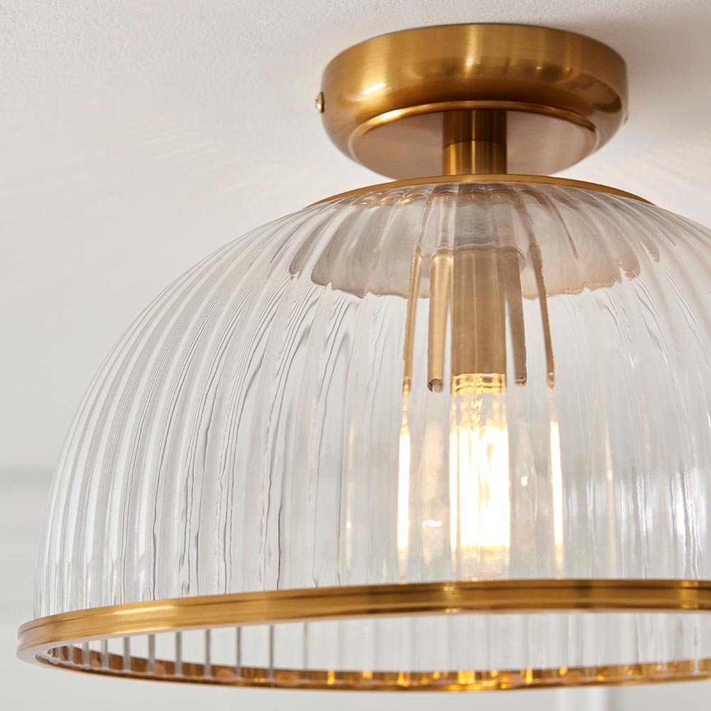 Salem Ribbed Glass Uplighter Flush Ceiling Light In Vintage Brass