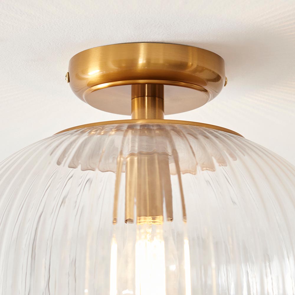 Salem Ribbed Glass Uplighter Flush Ceiling Light In Vintage Brass