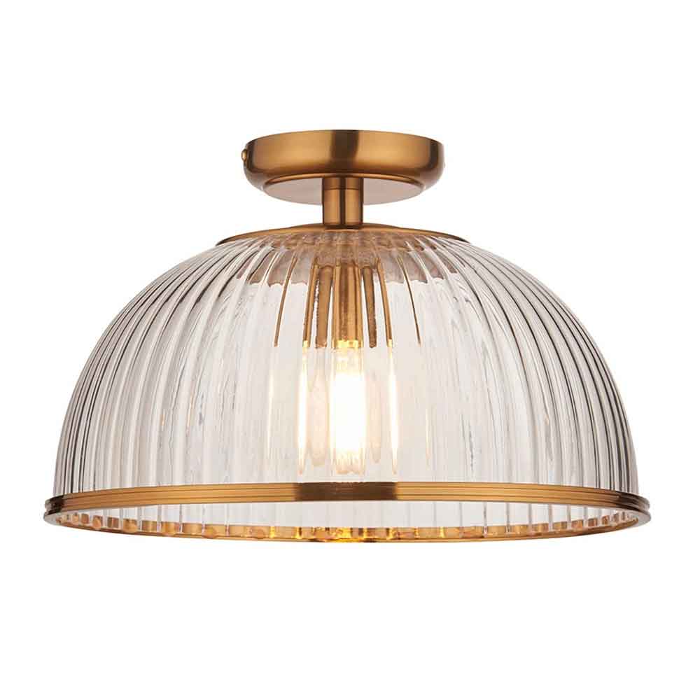 Salem Ribbed Glass Uplighter Flush Ceiling Light In Vintage Brass