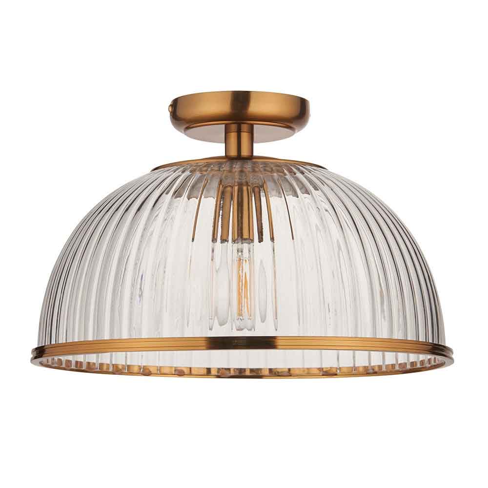 Salem Ribbed Glass Uplighter Flush Ceiling Light In Vintage Brass