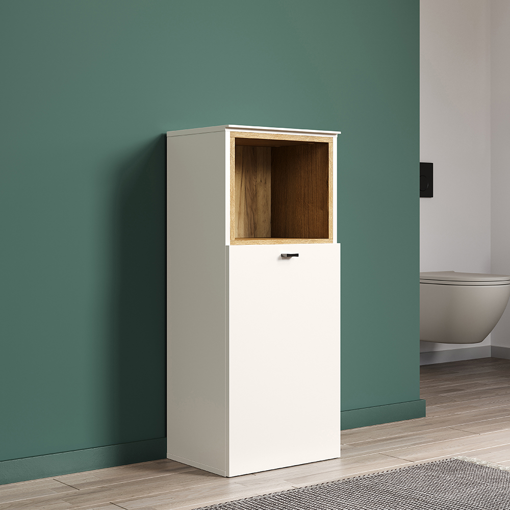 Salem Wooden Bathroom Storage Cabinet in Cashmere and Evoke Oak