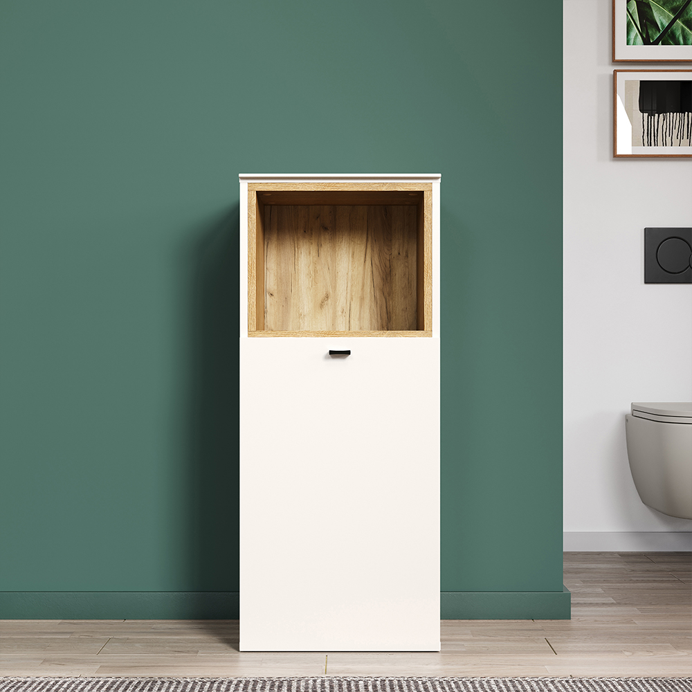 Salem Wooden Bathroom Storage Cabinet in Cashmere and Evoke Oak