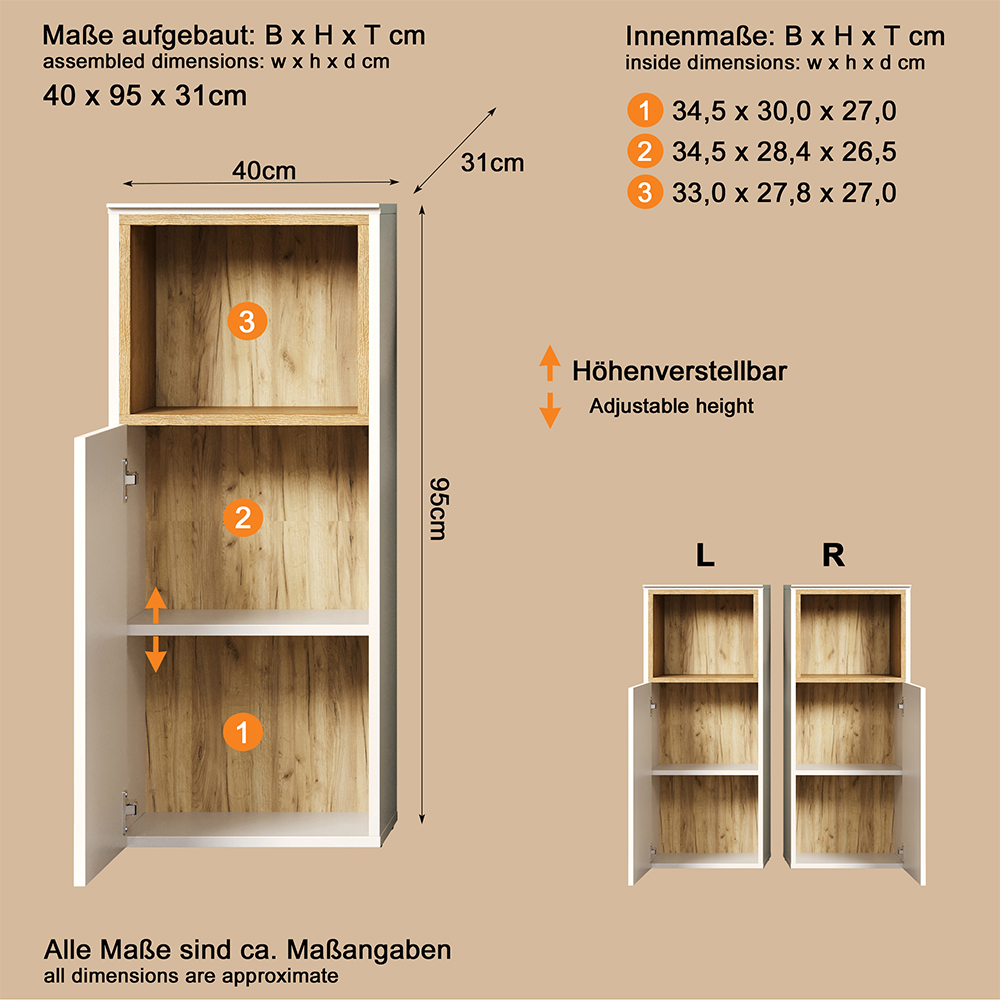 Salem Wooden Bathroom Storage Cabinet in Cashmere and Evoke Oak