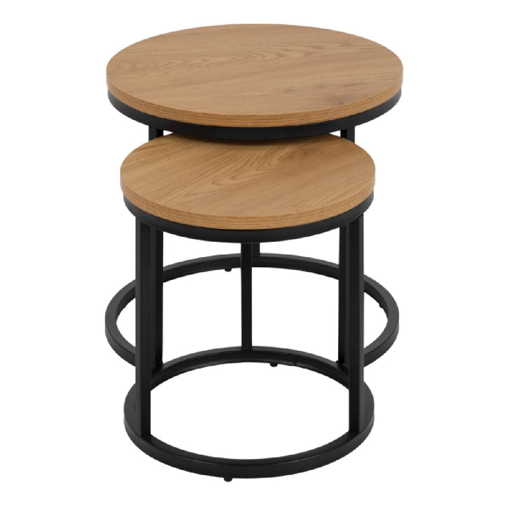 Salem Wooden Nest Of 2 Tables With Black Metal Frame In Oak