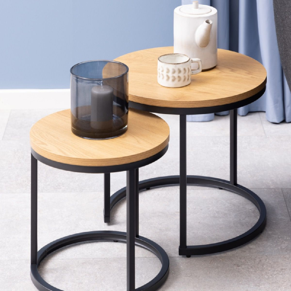 Nest Of 3 Tables – Mid Oak Style With Matt Black Metal Frame – Contemporary Coffee Table Set