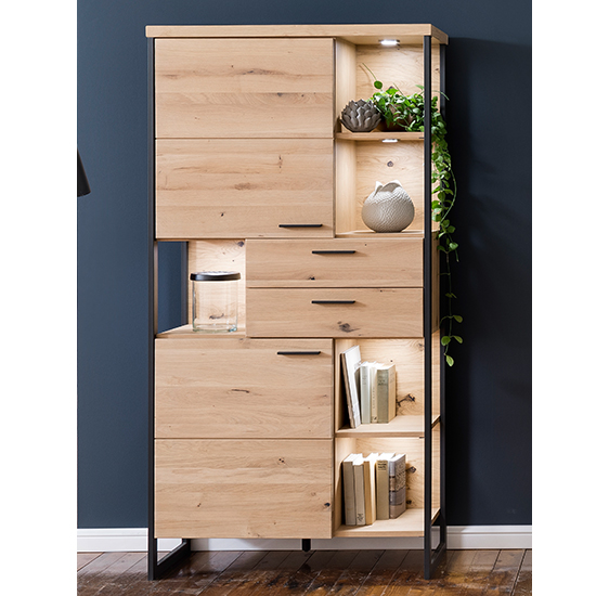 Salerno LED 2 Doors 2 Drawers Storage Cabinet In Planked Oak