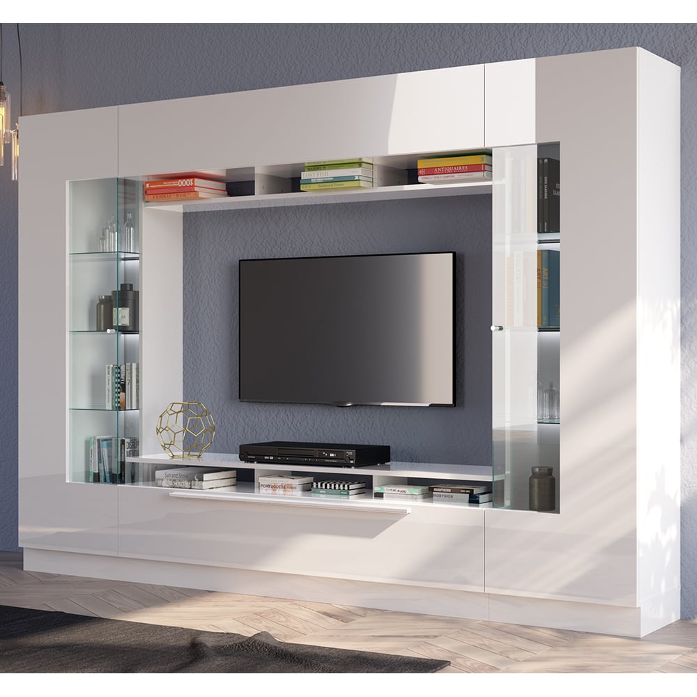 salina high gloss entertainment unit in white with led lighting