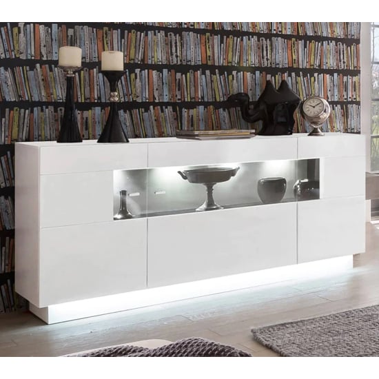 Product photograph of Salina High Gloss Sideboard 3 Doors In White With Led Lighting from Furniture in Fashion