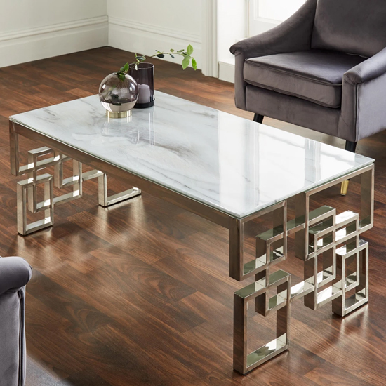 Read more about Salina marble effect glass coffee table with silver frame