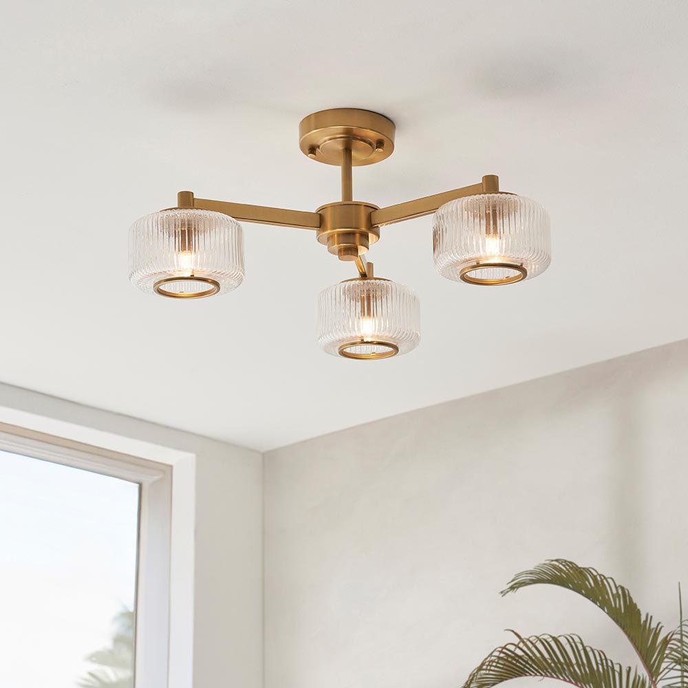 Salinas 3 Light Ribbed Glass Semi Flush Light In Brushed Aged Brass