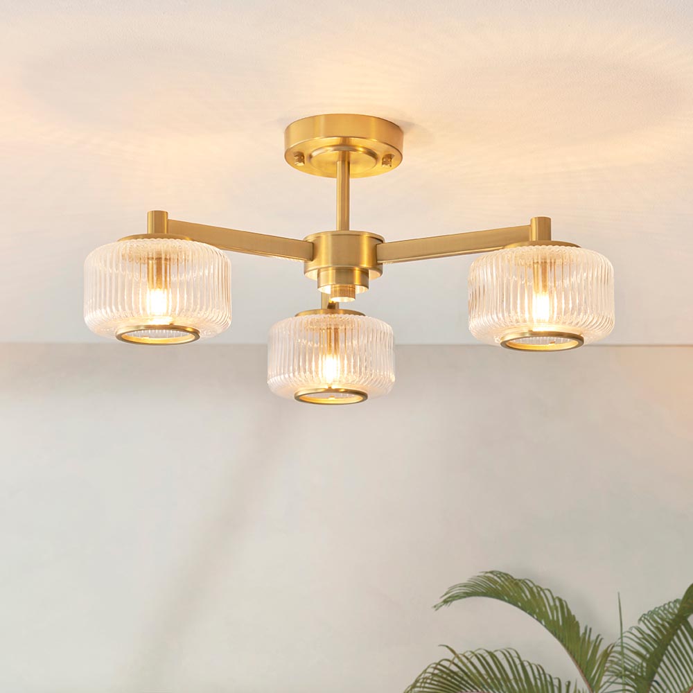 Salinas 3 Light Ribbed Glass Semi Flush Light In Brushed Aged Brass