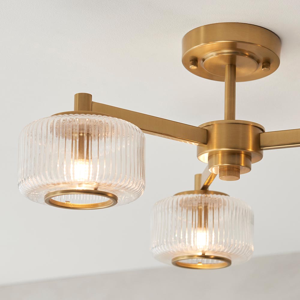 Salinas 3 Light Ribbed Glass Semi Flush Light In Brushed Aged Brass