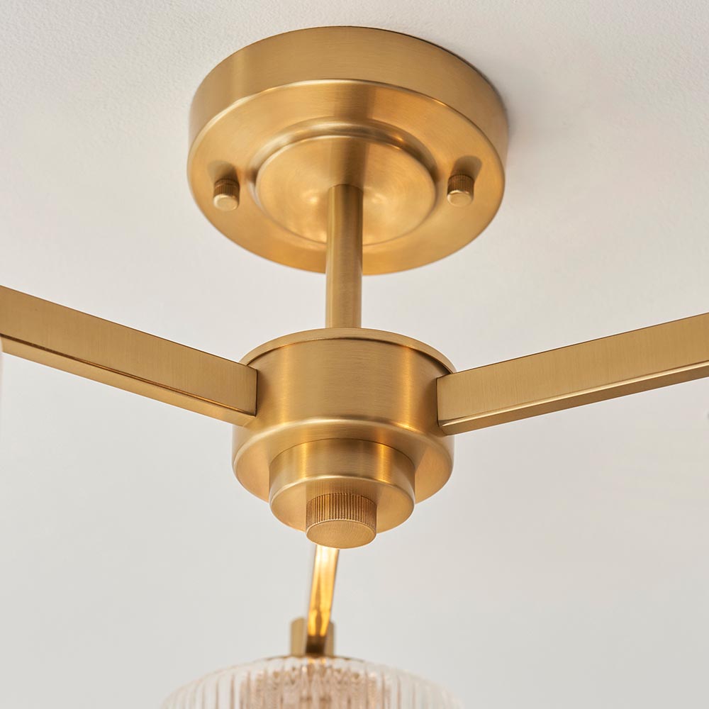 Salinas 3 Light Ribbed Glass Semi Flush Light In Brushed Aged Brass