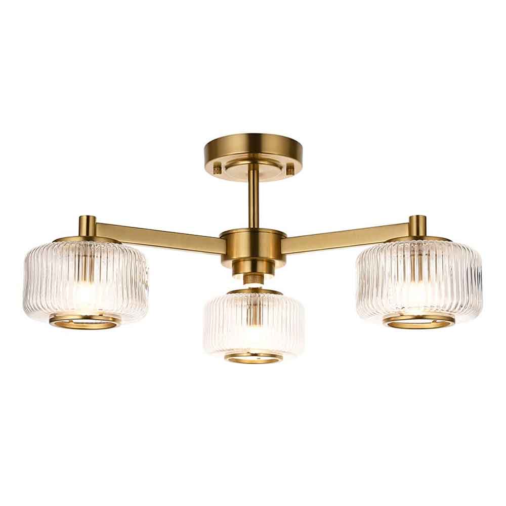 Salinas 3 Light Ribbed Glass Semi Flush Light In Brushed Aged Brass