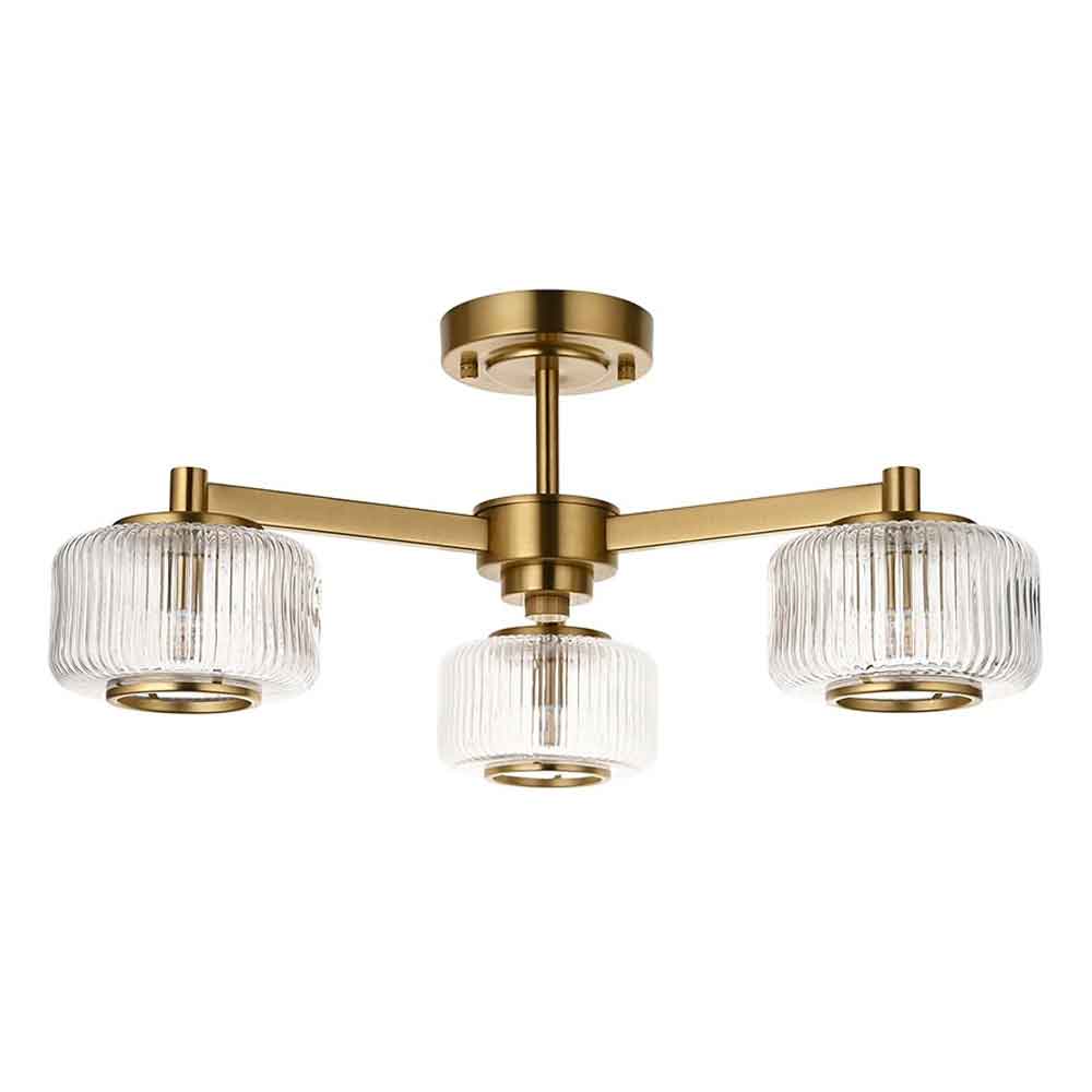 Salinas 3 Light Ribbed Glass Semi Flush Light In Brushed Aged Brass