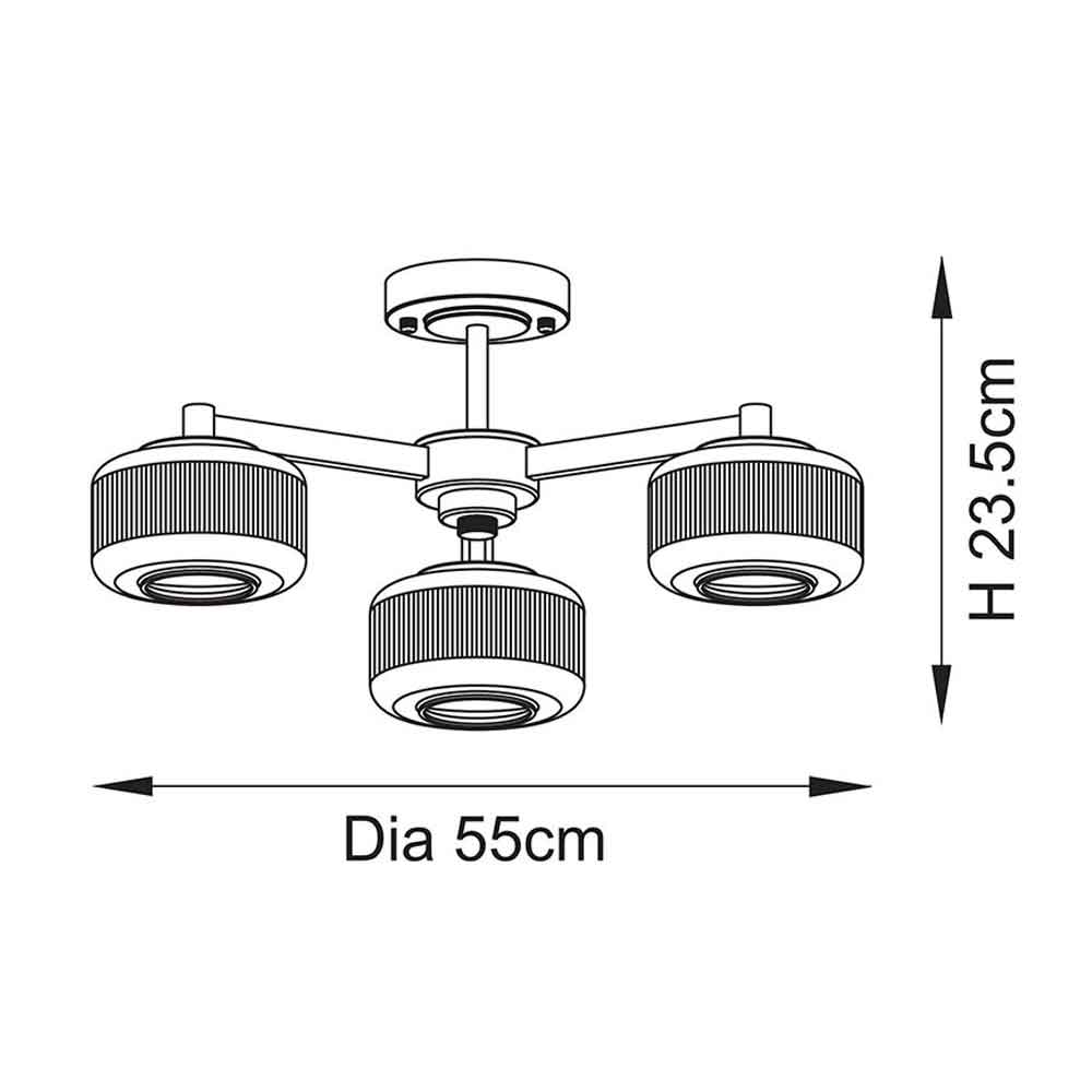 Salinas 3 Light Ribbed Glass Semi Flush Light In Brushed Aged Brass