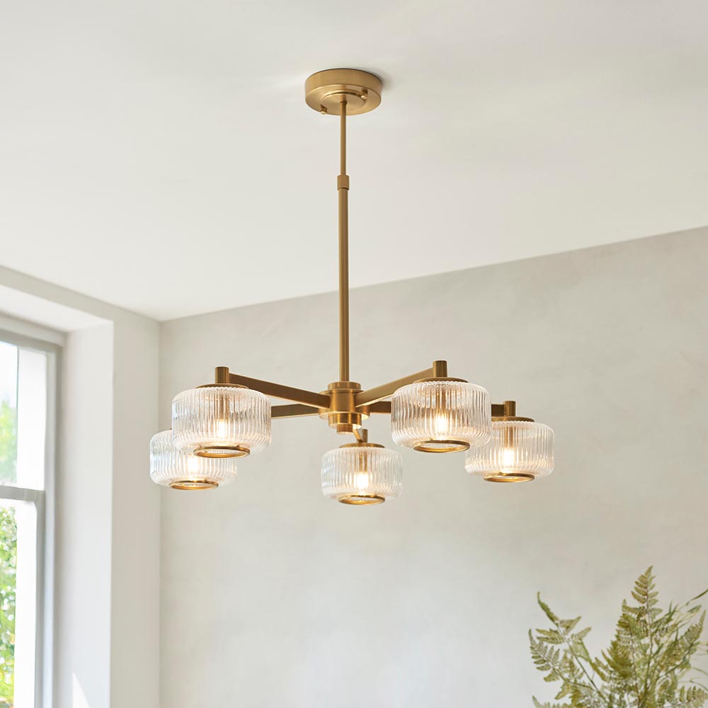 Salinas 5 Light Glass Pendant Ceiling Light In Brushed Aged Brass