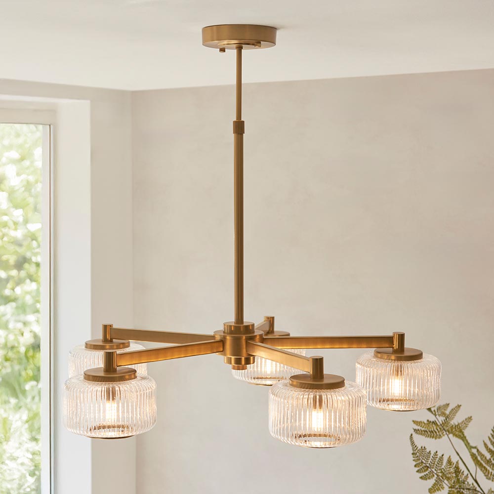 Salinas 5 Light Glass Pendant Ceiling Light In Brushed Aged Brass