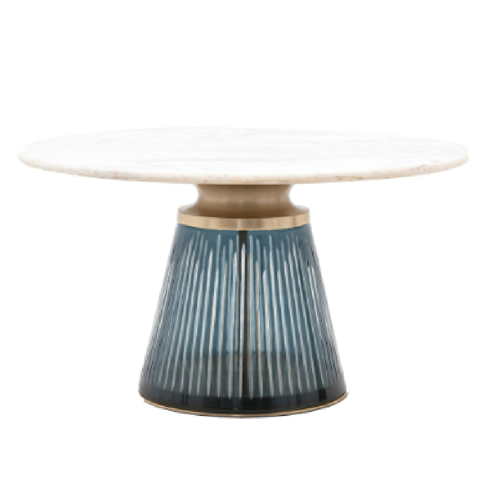 Salinas White Marble Top Coffee Table With Blue Glass Base