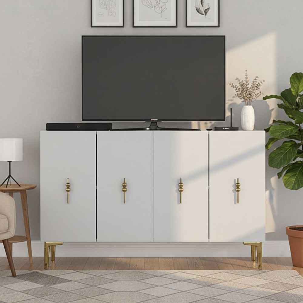 Salkim Wooden Sideboard with 4 Doors in White and Gold