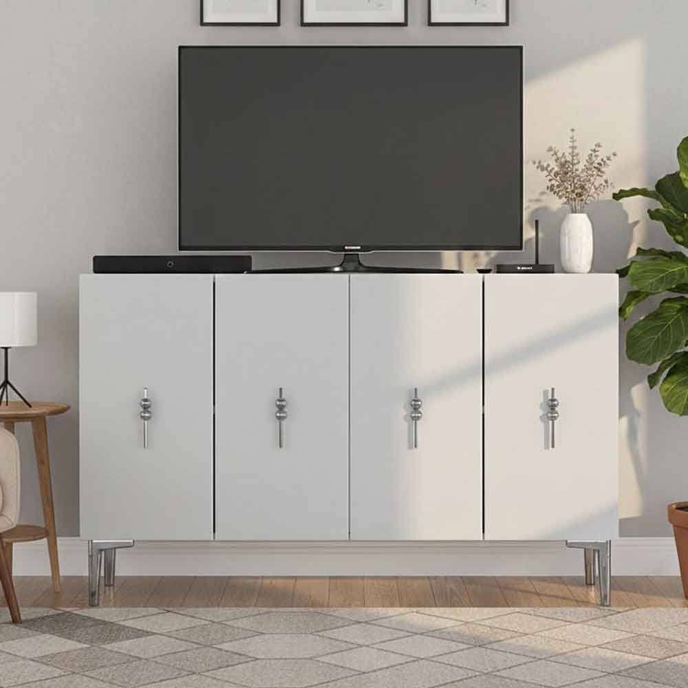 Salkim Wooden Sideboard with 4 Doors in White and Silver