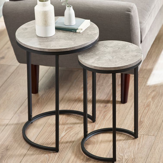 Salome Round Wooden Nest Of Side Tables In Concrete Effect