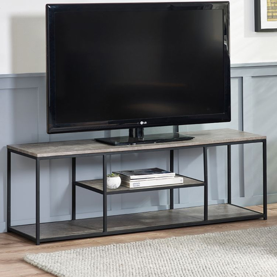 Photo of Salome wooden tv stand with shelves in concrete effect