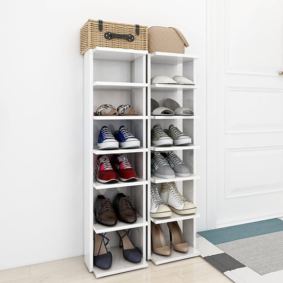 Product photograph of Saloso Set Of 2 High Gloss Shoe Storage Racks In White from Furniture in Fashion