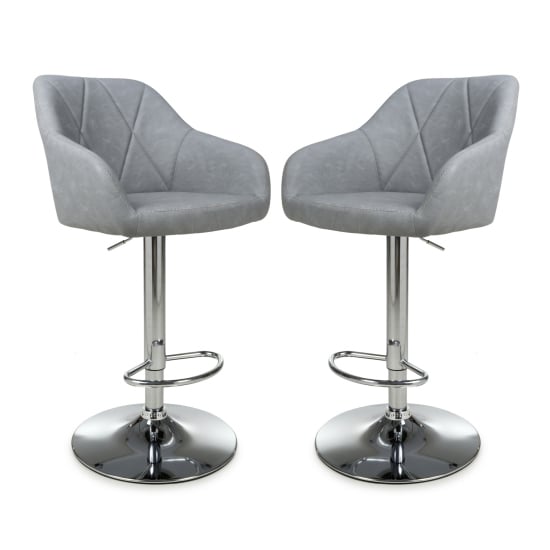 Read more about Salta light grey leather bar stools with chrome base in pair