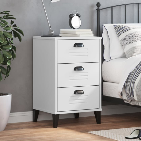 Read more about Widnes wooden bedside cabinet with 3 drawers in white