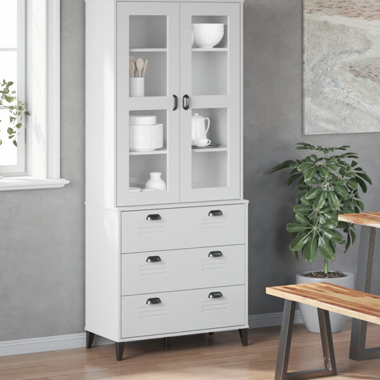 Read more about Widnes wooden display cabinet with 3 drawers in white