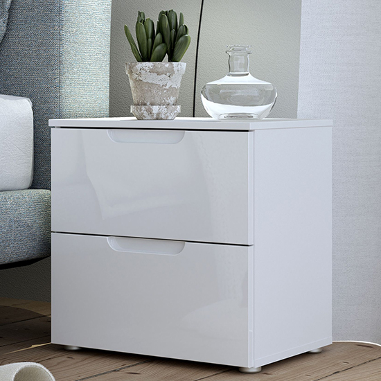 Salter High Gloss Bedside Cabinet 2 Drawers In White