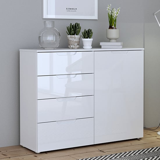 Product photograph of Salter High Gloss Sideboard 1 Door 4 Drawers In White from Furniture in Fashion