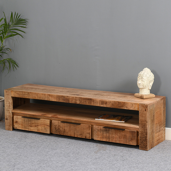 Read more about Salter solid mangowood large tv stand 3 drawers in rough swan