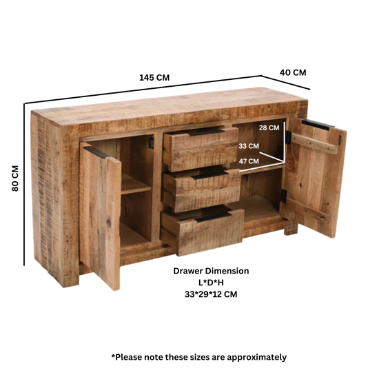 Salter Solid Mangowood Sideboard 2 Doors 3 Drawers In Rough Swan