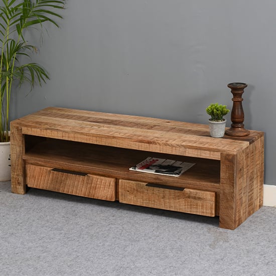 Read more about Salter solid mangowood small tv stand 2 drawers in rough swan