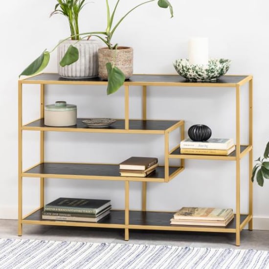 Salvo Wooden Bookcase 4 Shelves In Ash Black With Gold Frame