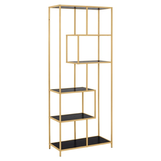 Product photograph of Salvo Wooden Bookcase 5 Shelves In Ash Black With Gold Frame from Furniture in Fashion