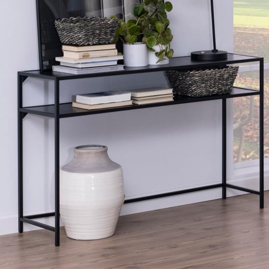 Read more about Salvo wooden console table in ash black with undershelf