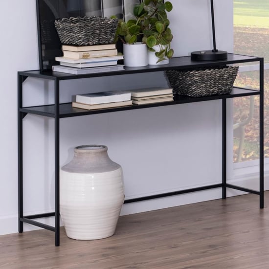 Product photograph of Salvo Wooden Console Table In Ash Black With Undershelf from Furniture in Fashion