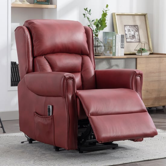 Product photograph of Salvo Electric Leather Lift And Tilt Recliner Armchair In Burgandy from Furniture in Fashion
