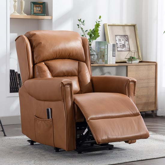 Product photograph of Salvo Electric Leather Lift And Tilt Recliner Armchair In Camel from Furniture in Fashion