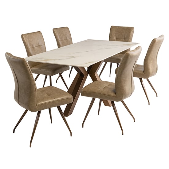 Product photograph of Salvo Kass Gold Stone Dining Table With 6 Kalista Taupe Chairs from Furniture in Fashion
