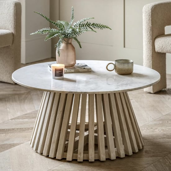 Read more about Salvo marble top coffee table round with mango wood base