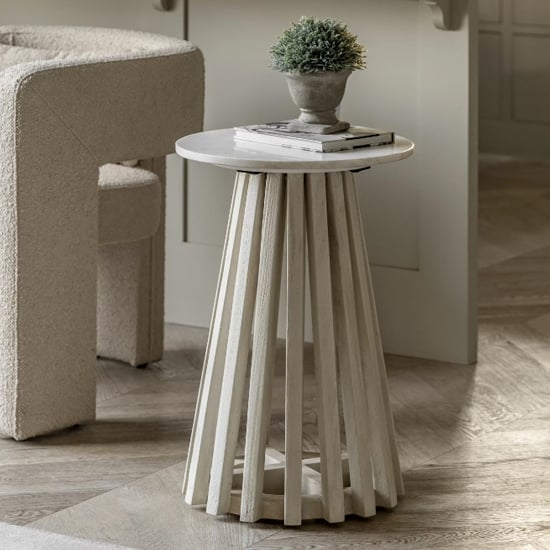 Read more about Salvo marble top side table round with mango wood base