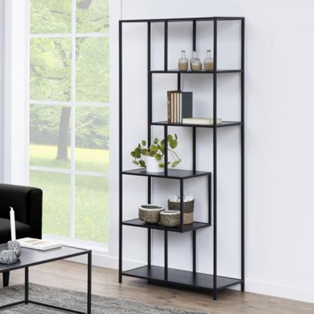 Salvo Narrow Wooden Bookcase With 5 Shelves In Ash Black